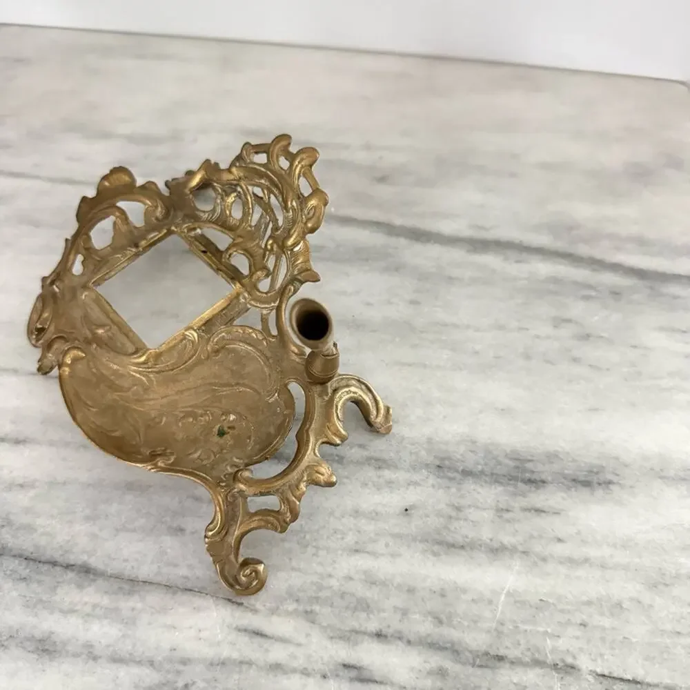 Vintage Solid Brass Art Nouveau Style Inkwell Footed Ornate Victorian Desk Gold